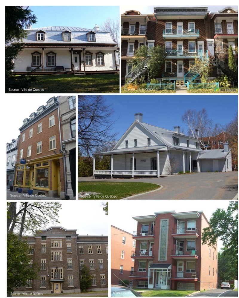 mosaique photo_accélérateur Exemple de typologies potentielles : Maison ancestrale, Maison de faubourg, Maisonnettes superposées d’usages mixtes, Triplex, « Walk-up », Bureaux, Petite église, Industriel, etc.