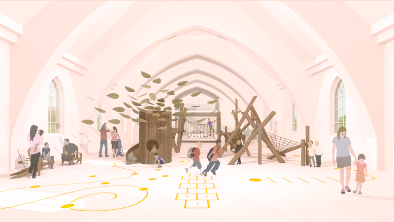 Rendu intérieur Saint-Adalbert La proposition de transformation pour l'Église de Saint-Adalbert consistait en la création d'un tiers lieu comportant un parc intérieur. Ce type de transformation représente un changement d'usage. 